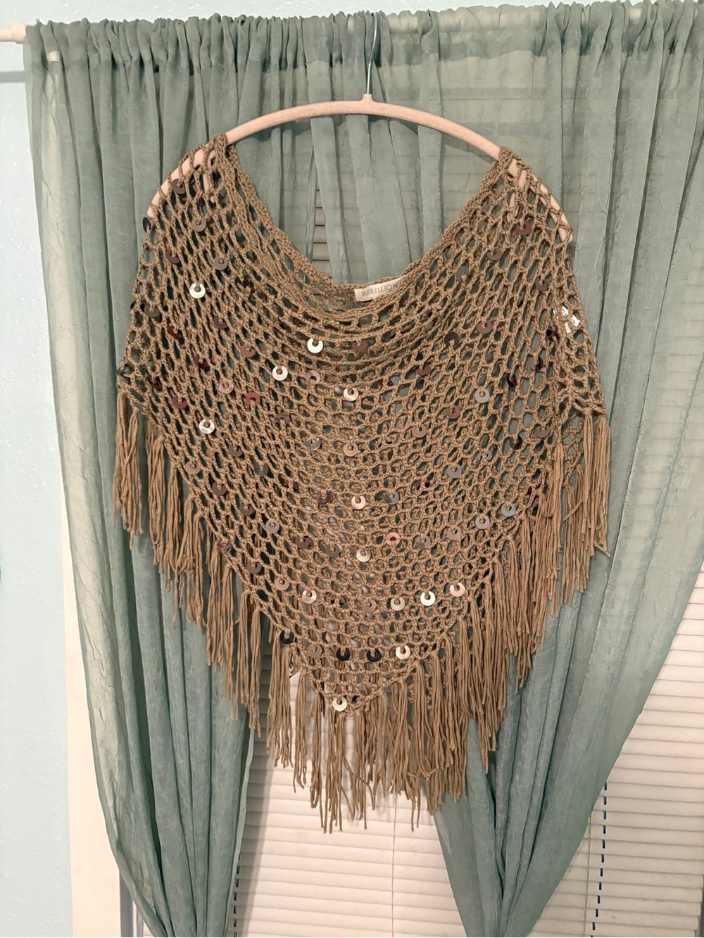 Rebellion Taupe Open-Weave Fringe Poncho with Sequins